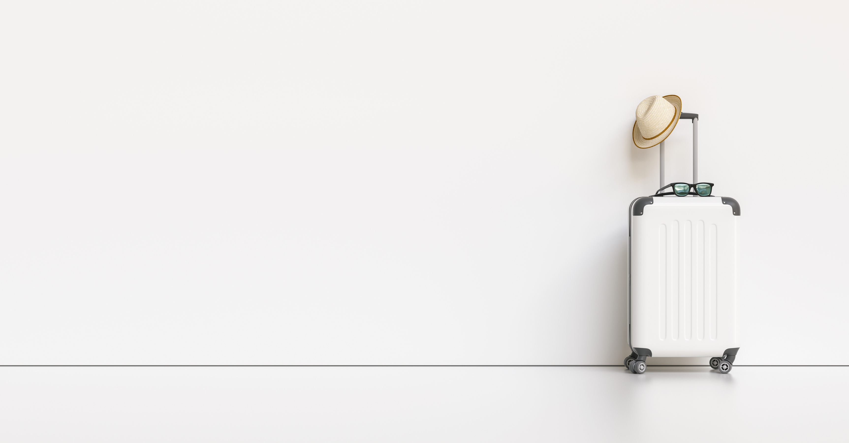 Suitcase with Hat and Sunglasses on White Background